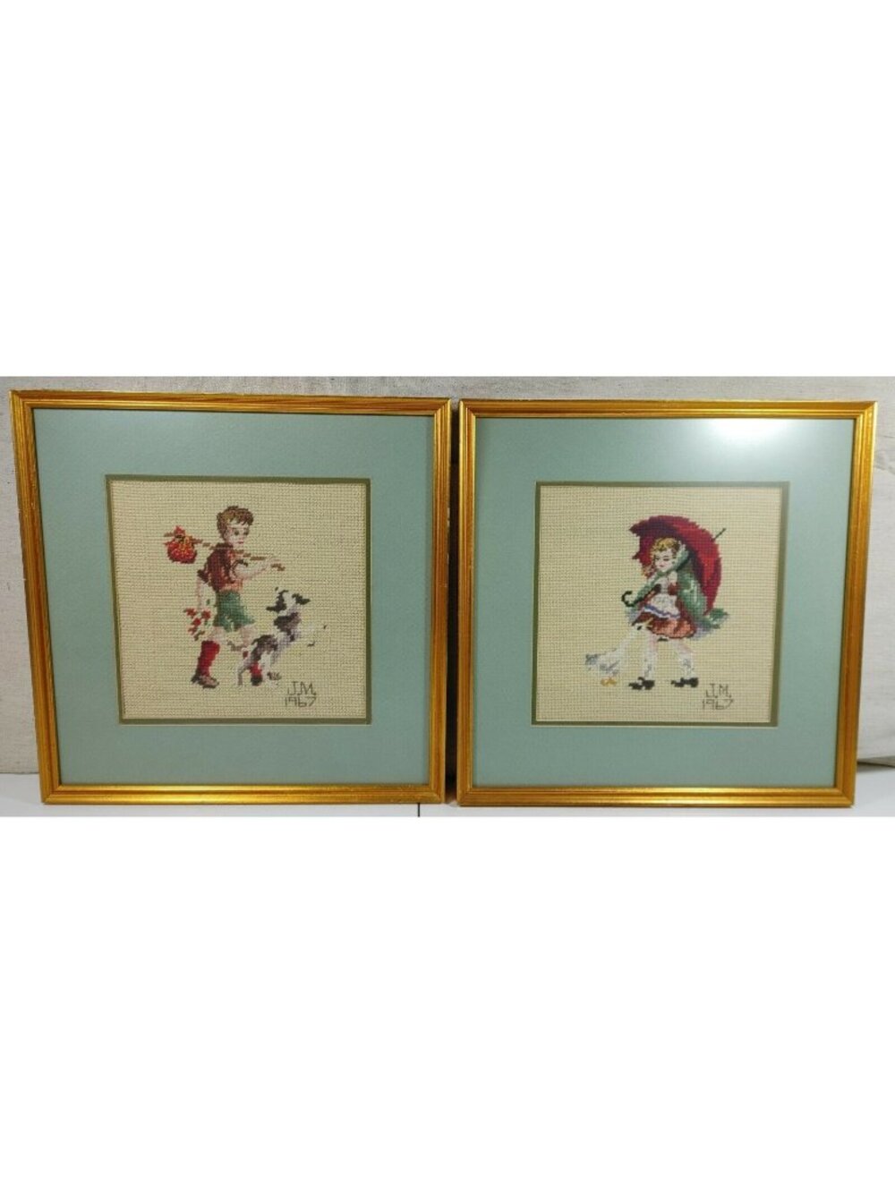Vintage 1967 Framed Cross Stitch Art Pair Boy With Dog and Girl With Umbrella